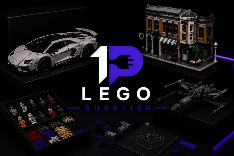 LEGO Supplier logo with display of LEGO sets including sports car, building, and parts organizer on black background