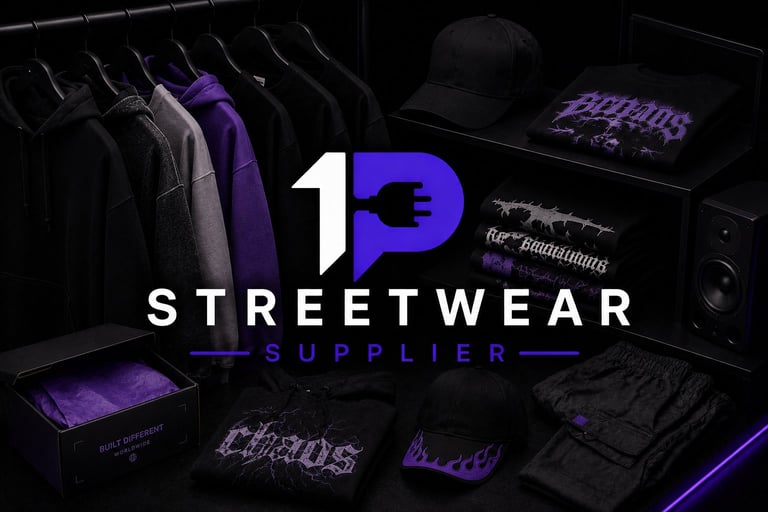 10P Streetwear Supplier logo displayed with dark clothing and branded merchandise arranged in purple and black tones