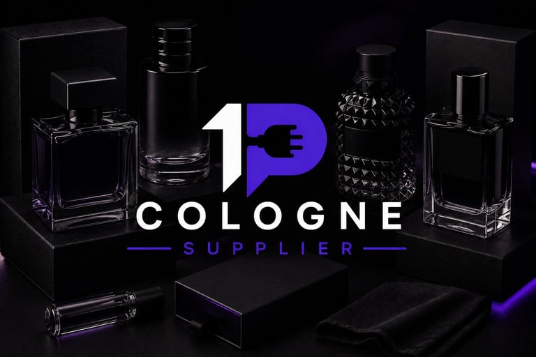 1P Cologne Supplier logo displayed among luxury black glass cologne bottles with purple lighting