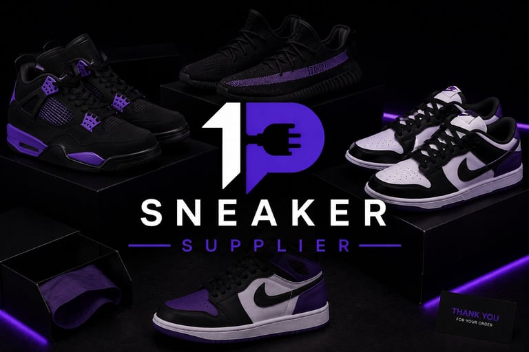 Black and purple sneakers arranged around a 1P Sneaker Supplier logo on dark background