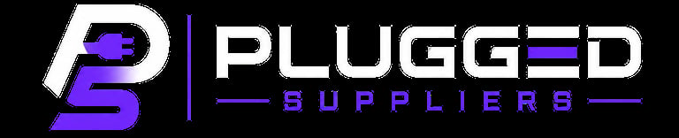Plugged Suppliers logo with purple stylized P symbol and company name on black background
