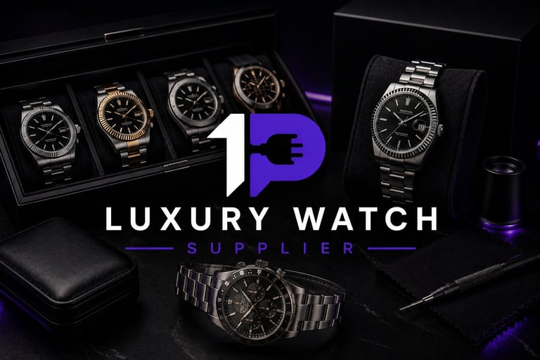 1D Luxury Watch Supplier logo displayed over product display featuring high-end watches in black cases and packaging with blue accent lighting