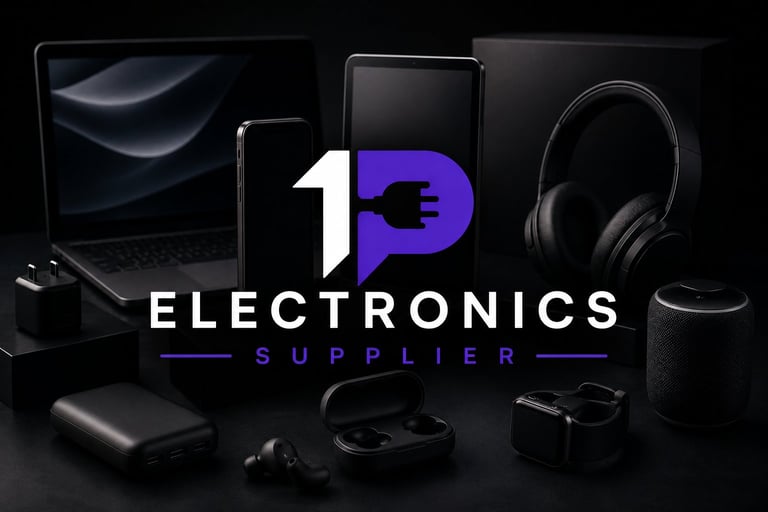 1P Electronics Supplier logo with various black electronic devices including laptop, phone, headphones, and accessories displayed on dark background